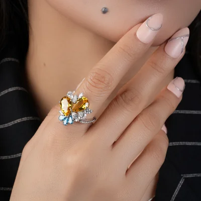 Dual Pear-Cut Citrine Diamond Cocktail Ring for Her