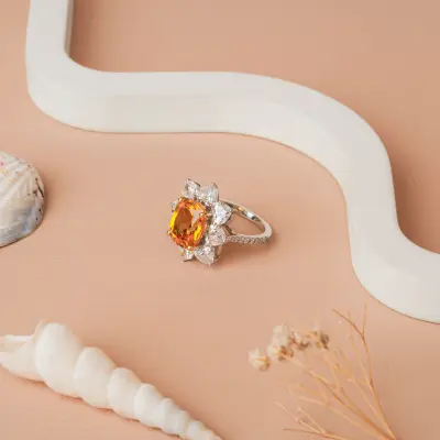 Natural Citrine Cushion Cut Diamond Halo Statement Ring