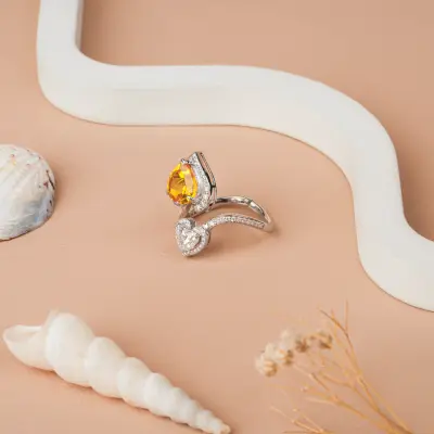 Double heart-shaped Citrine Diamond Wedding- Promise Ring
