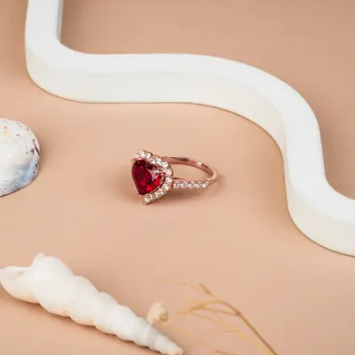 Heart Shape Garnet & Diamond Halo Engagement Ring
