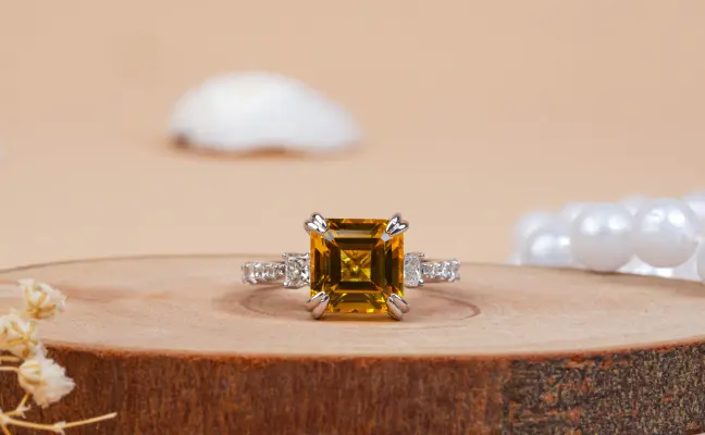 Yellow Citrine Asscher Cut Lab Grown Diamond Engagement Ring