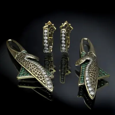 14K Gold Earrings with Emeralds and Diamonds CGS