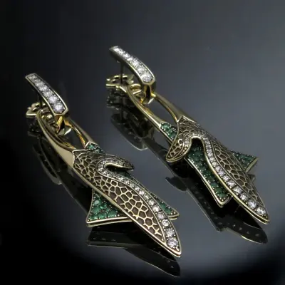 14K Gold Earrings with Emeralds and Diamonds CGS