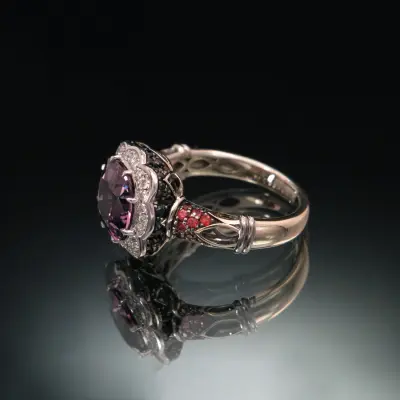 18K Gold Ring with Pink Spinel, White and Black Diamonds CGS