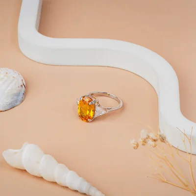 Oval Cut Citrine with Triangle Lab Grown Diamond Engagement Ring