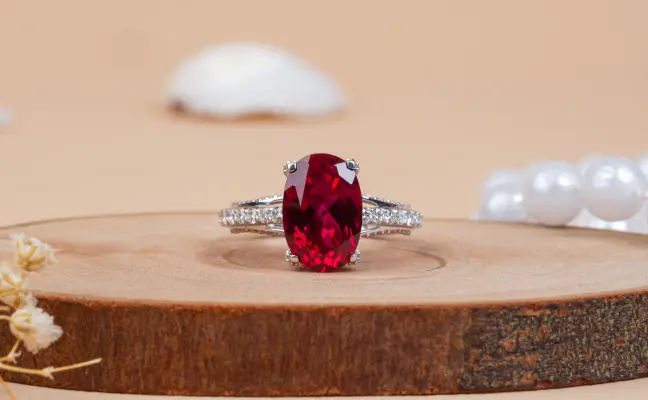Lab-grown Oval Cut Ruby Hidden Halo Engagement Ring
