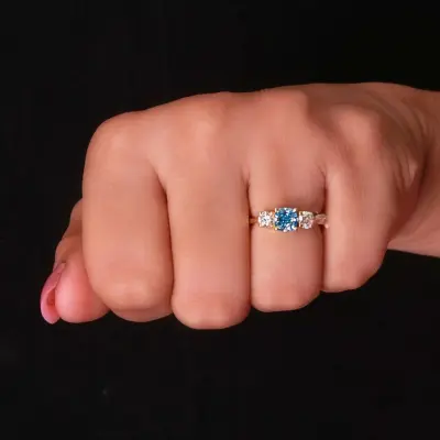Blue Lab Grown Cushion Diamond Three Stone Ring
