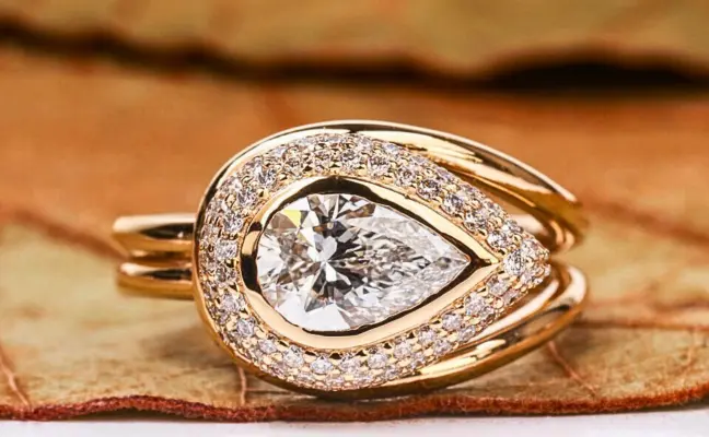 Teardrop Pear Shape Lab Grown Diamond Ring with Double Halo & Pave Band