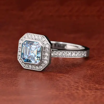 Vivid Blue Asscher Cut Lab Grown Diamond Halo Engagement Ring with Pave Band