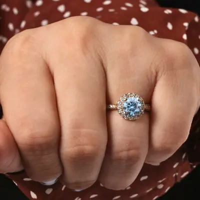 Blue Round Cut Lab Grown Diamond Halo Engagement Ring with Pave Band