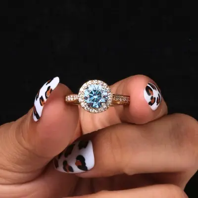 Blue Round Cut Lab Grown Diamond Halo Engagement Ring with Pave Band