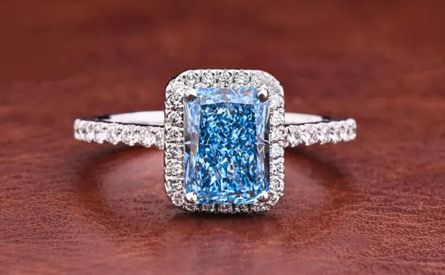 1.50 CT Blue Radiant Cut Lab Grown Diamond Halo Engagement Ring