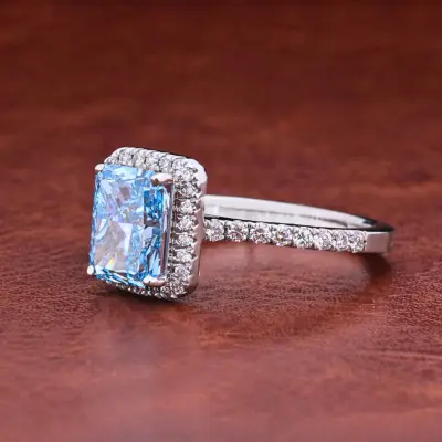 1.50 CT Blue Radiant Cut Lab Grown Diamond Halo Engagement Ring