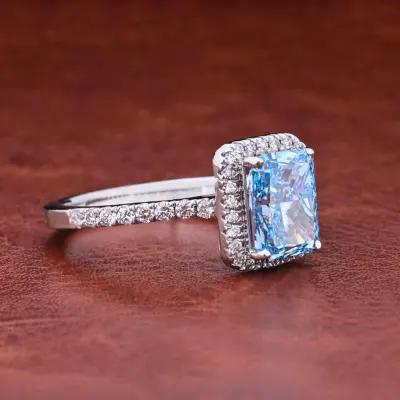 1.50 CT Blue Radiant Cut Lab Grown Diamond Halo Engagement Ring