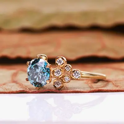 Vintage Floral Blue Lab Grown Diamond Engagement Ring