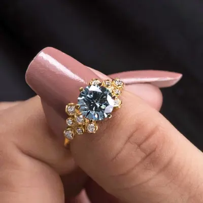 Vintage Floral Blue Lab Grown Diamond Engagement Ring