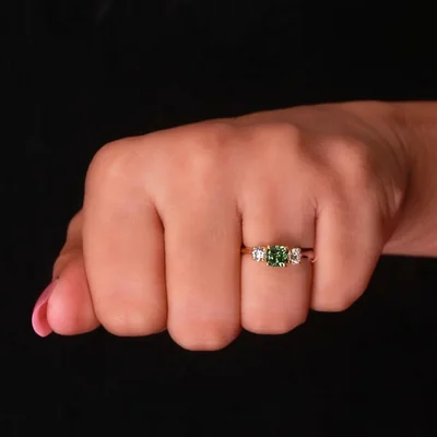 Green Cushion Cut Three Stone Lab Grown Diamond Engagement Ring