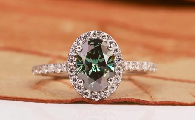 Green Oval Cut Lab Grown Diamond Halo Engagement Ring