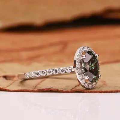 Green Oval Cut Lab Grown Diamond Halo Engagement Ring