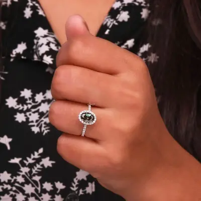 Green Oval Cut Lab Grown Diamond Halo Engagement Ring