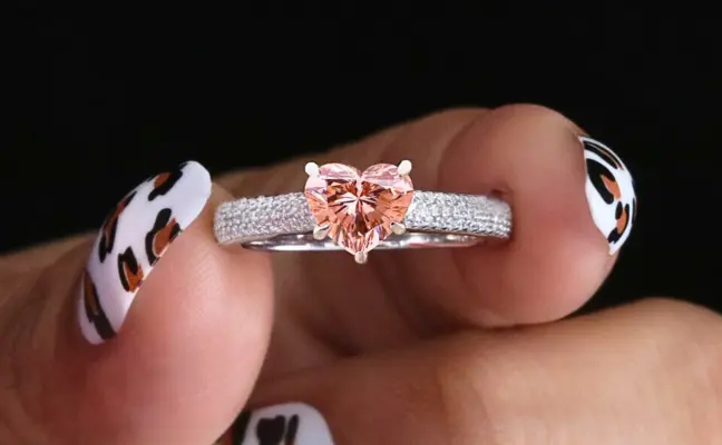 Vivid Pink Heart Cut Lab Grown Diamond Ring with Diamond Pave Band