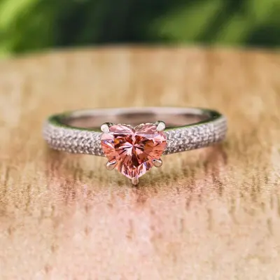 Vivid Pink Heart Cut Lab Grown Diamond Ring with Diamond Pave Band