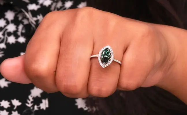 Marquise Cut Green Lab Grown Diamond Halo Engagement Ring