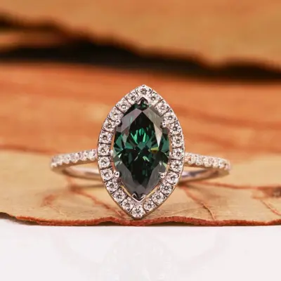 Marquise Cut Green Lab Grown Diamond Halo Engagement Ring
