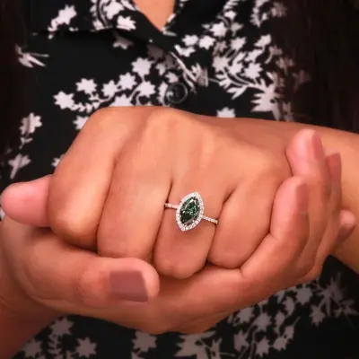 Marquise Cut Green Lab Grown Diamond Halo Engagement Ring