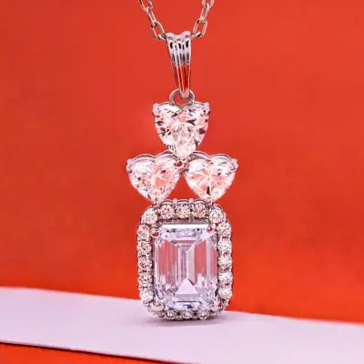 Emerald Cut Halo Lab Grown Diamond Pendant with Heart & Round Accents