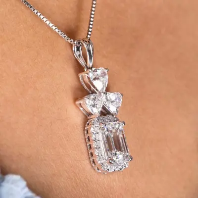 Emerald Cut Halo Lab Grown Diamond Pendant with Heart & Round Accents
