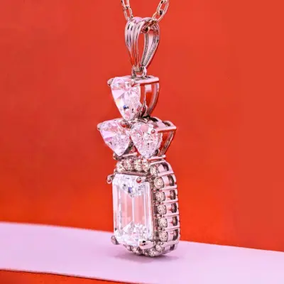 Emerald Cut Halo Lab Grown Diamond Pendant with Heart & Round Accents