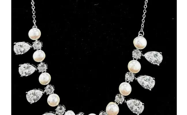 Simayaz designer freshwater white pearl and zircon necklace set