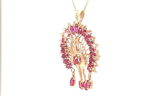 14K yellow gold, ruby turkey pendant with chain