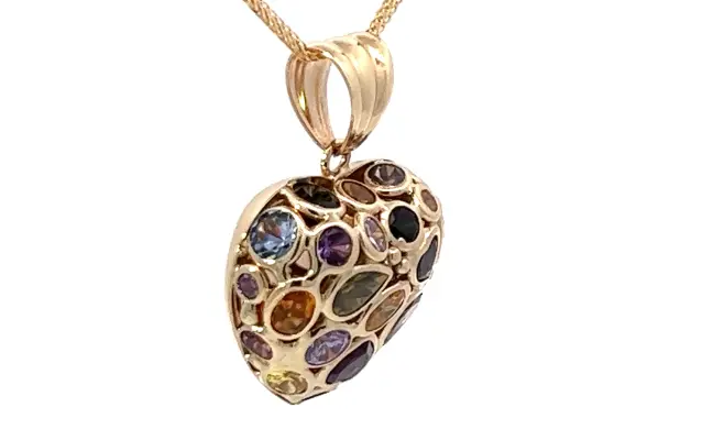 14K yellow gold, multi-color heart shaped pendant