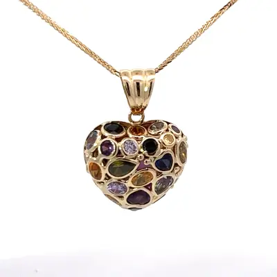 14K yellow gold, multi-color heart shaped pendant