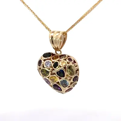 14K yellow gold, multi-color heart shaped pendant