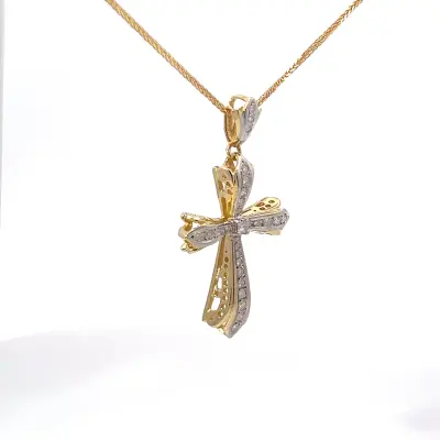 14K two-tone gold, Diamond cross necklace