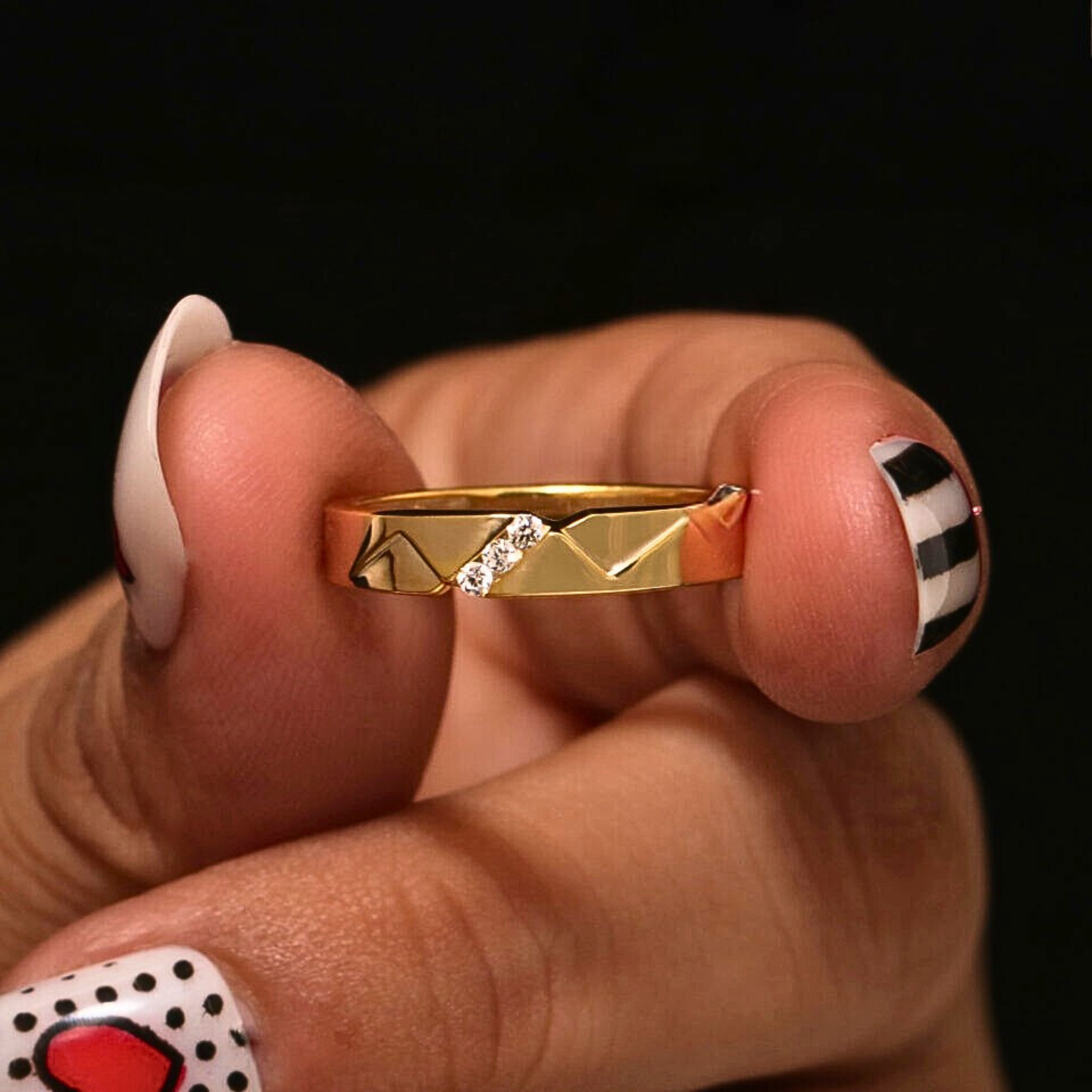 Three Diamond Accent V-Shape Gold Ring