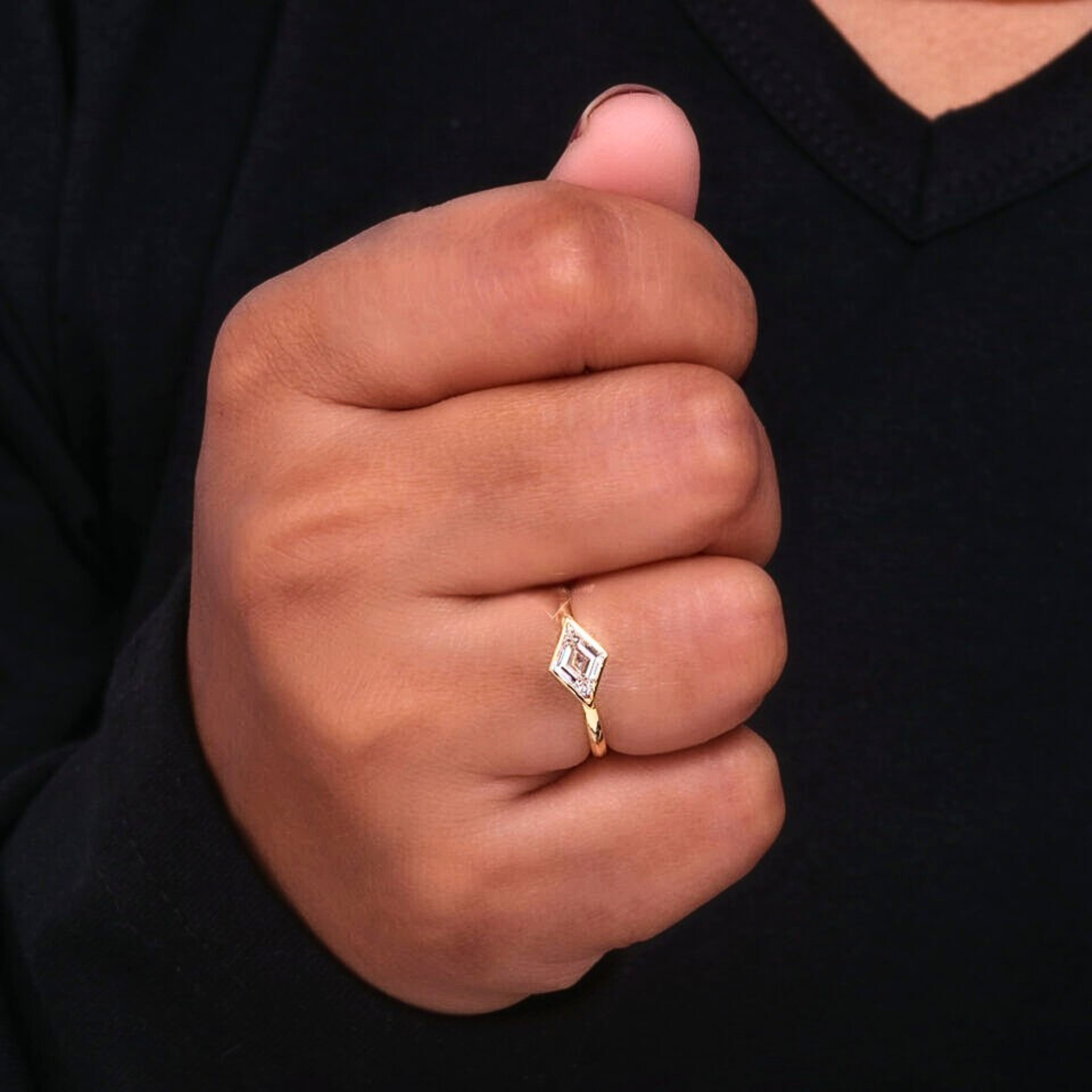 East-West Lozenge Cut Lab Grown Diamond Solitaire Ring in Bezel Setting