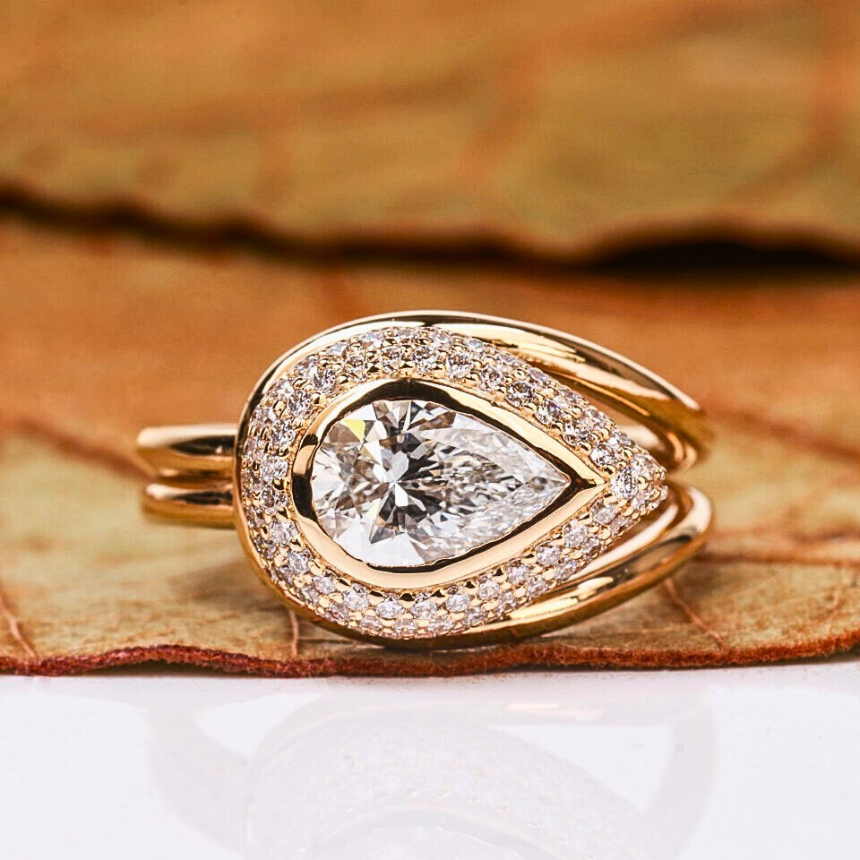 Teardrop Pear Shape Lab Grown Diamond Ring with Double Halo & Pave Band