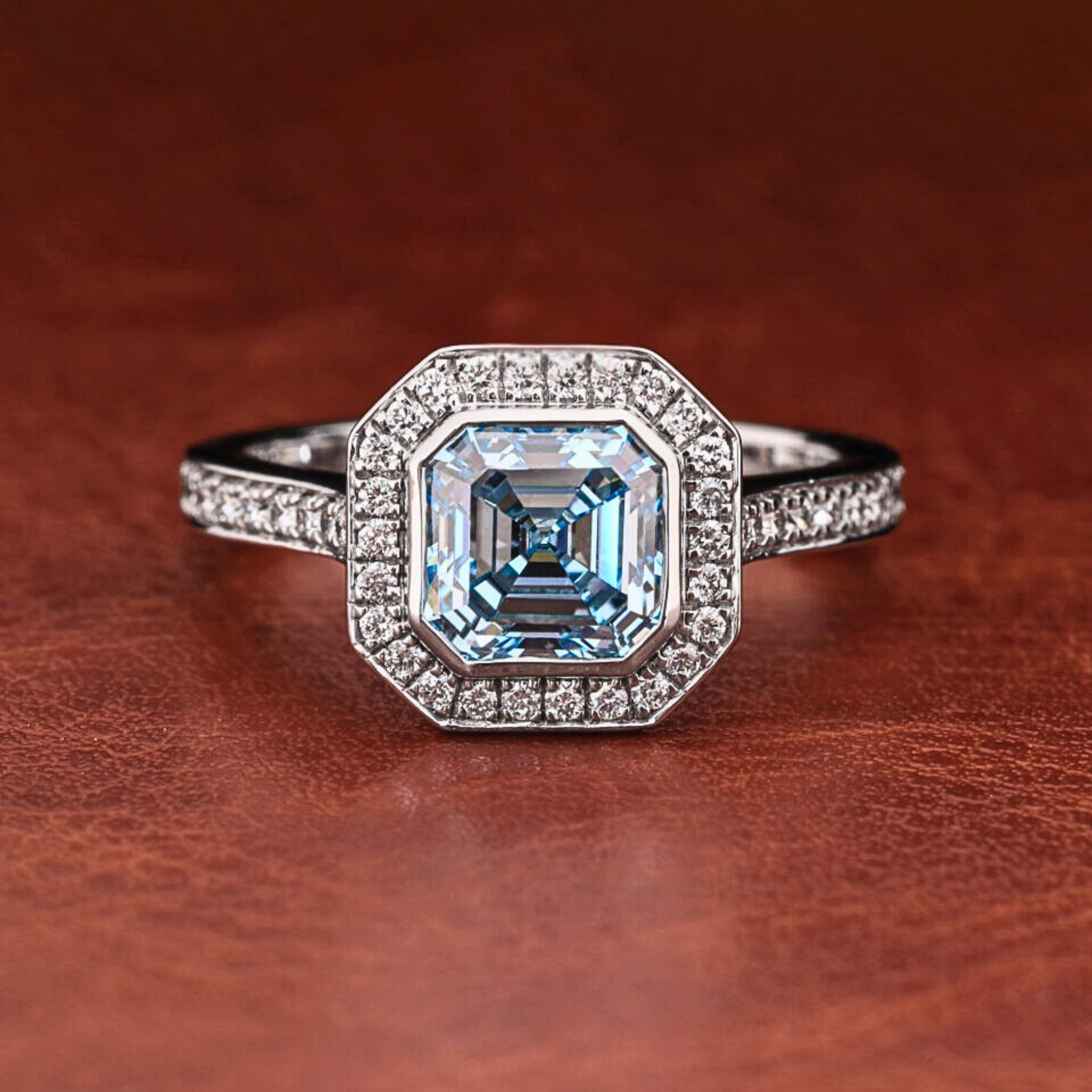 Vivid Blue Asscher Cut Lab Grown Diamond Halo Engagement Ring with Pave Band