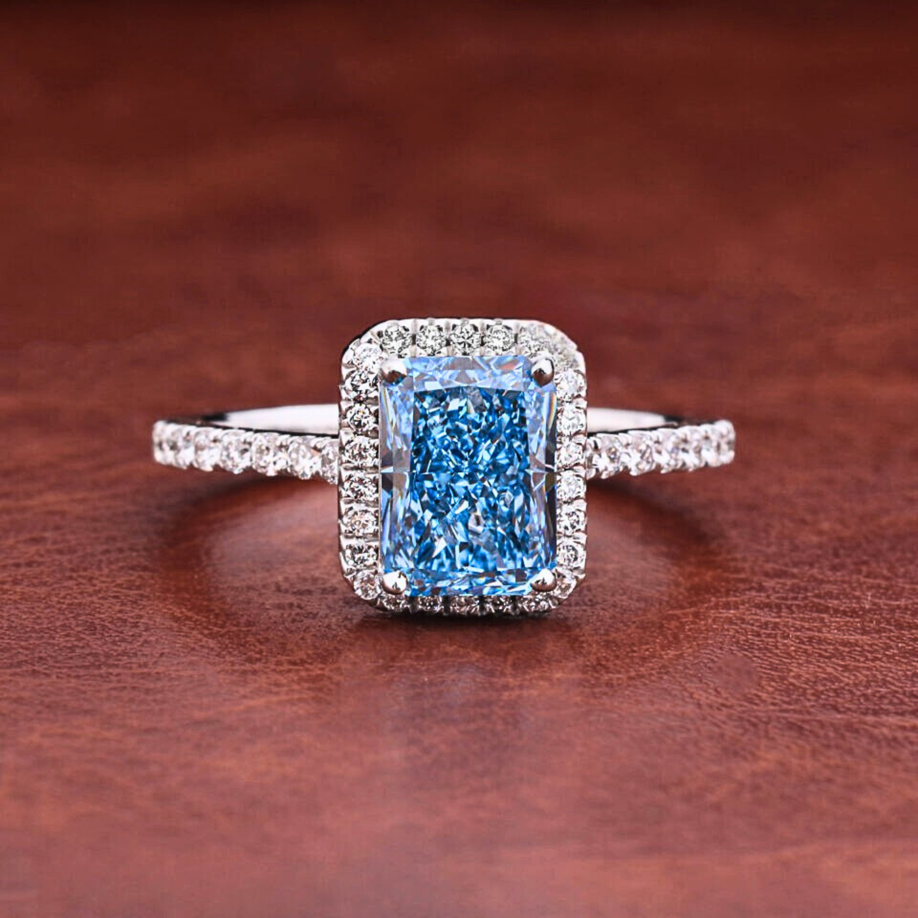1.50 CT Blue Radiant Cut Lab Grown Diamond Halo Engagement Ring