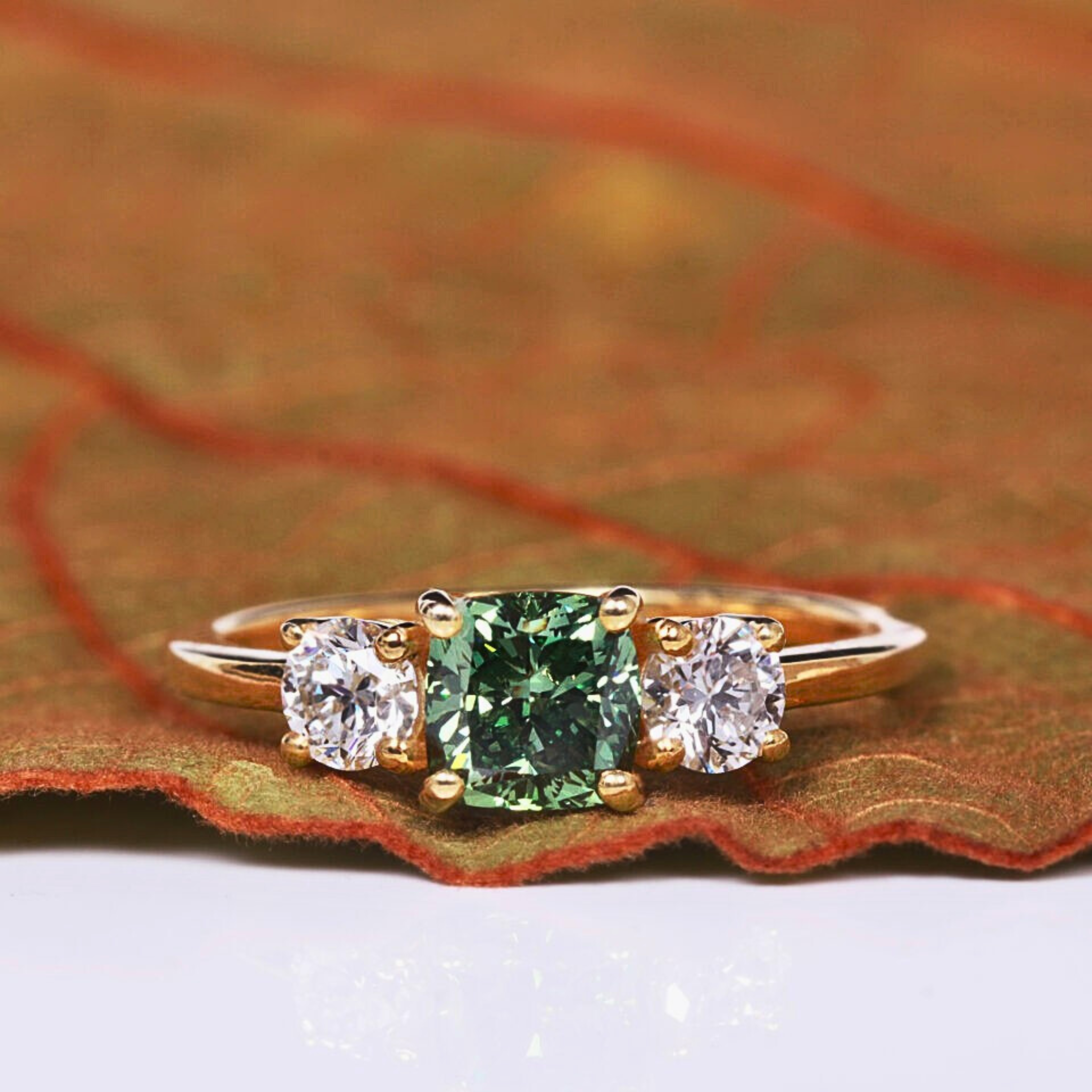 Green Cushion Cut Three Stone Lab Grown Diamond Engagement Ring
