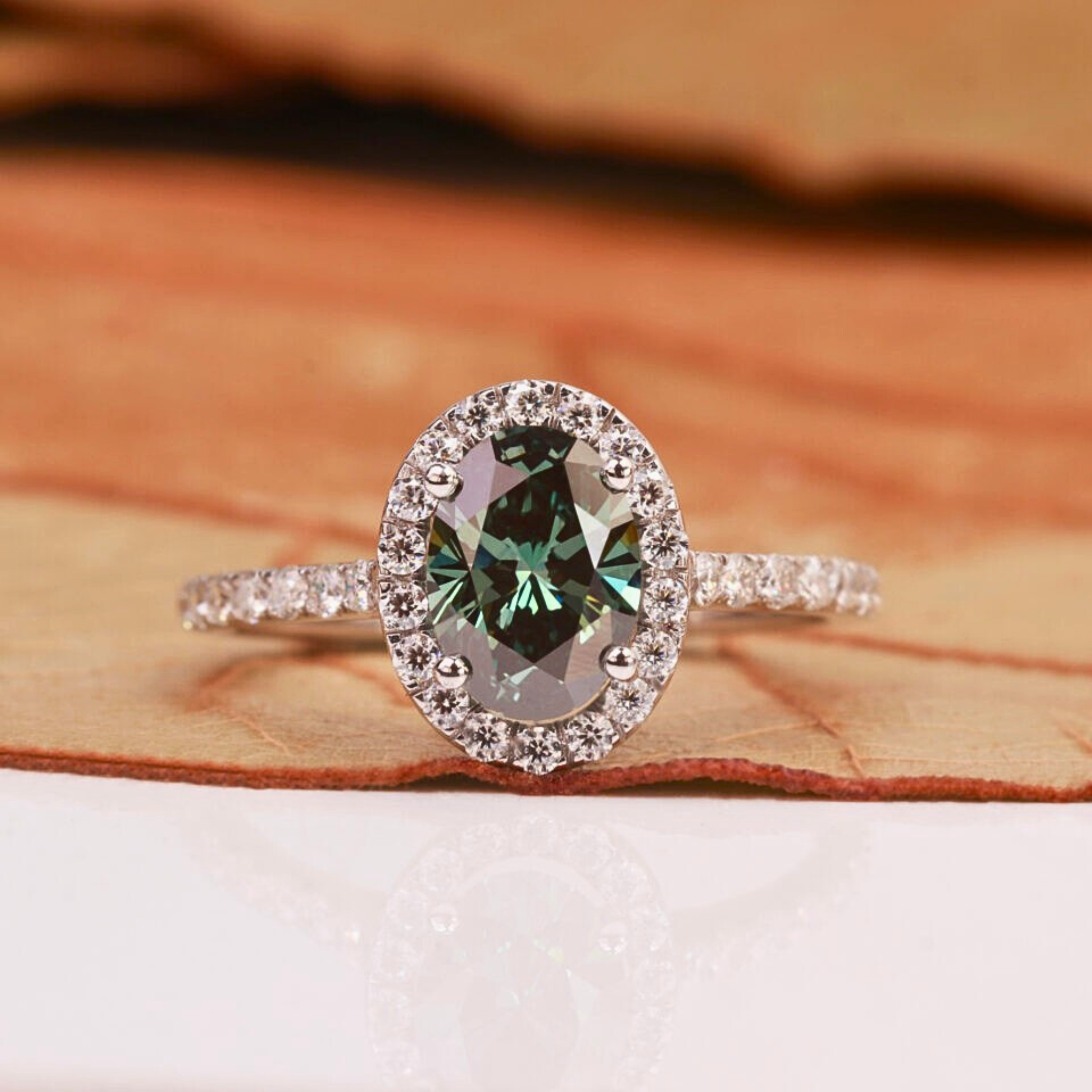 Green Oval Cut Lab Grown Diamond Halo Engagement Ring