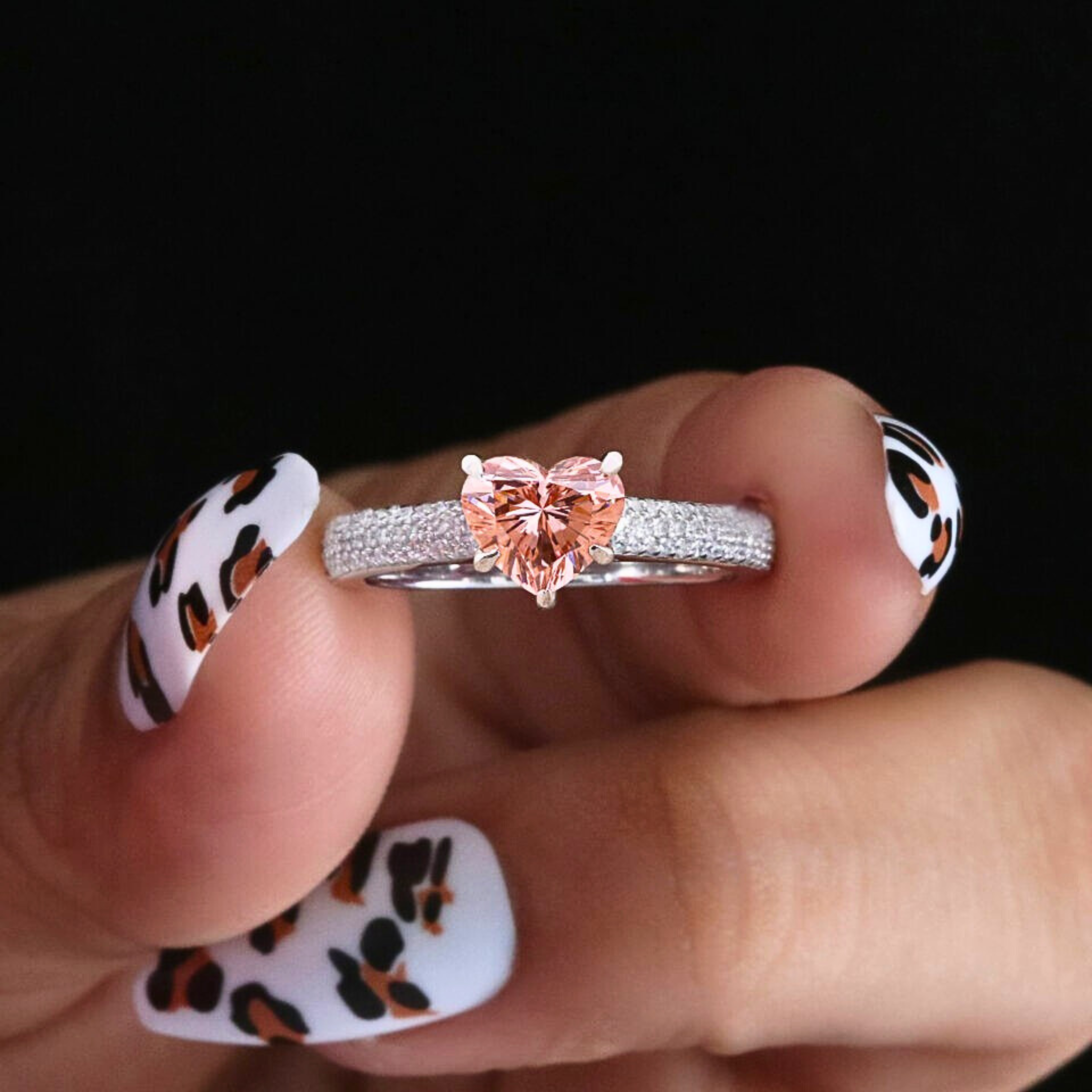 Vivid Pink Heart Cut Lab Grown Diamond Ring with Diamond Pave Band