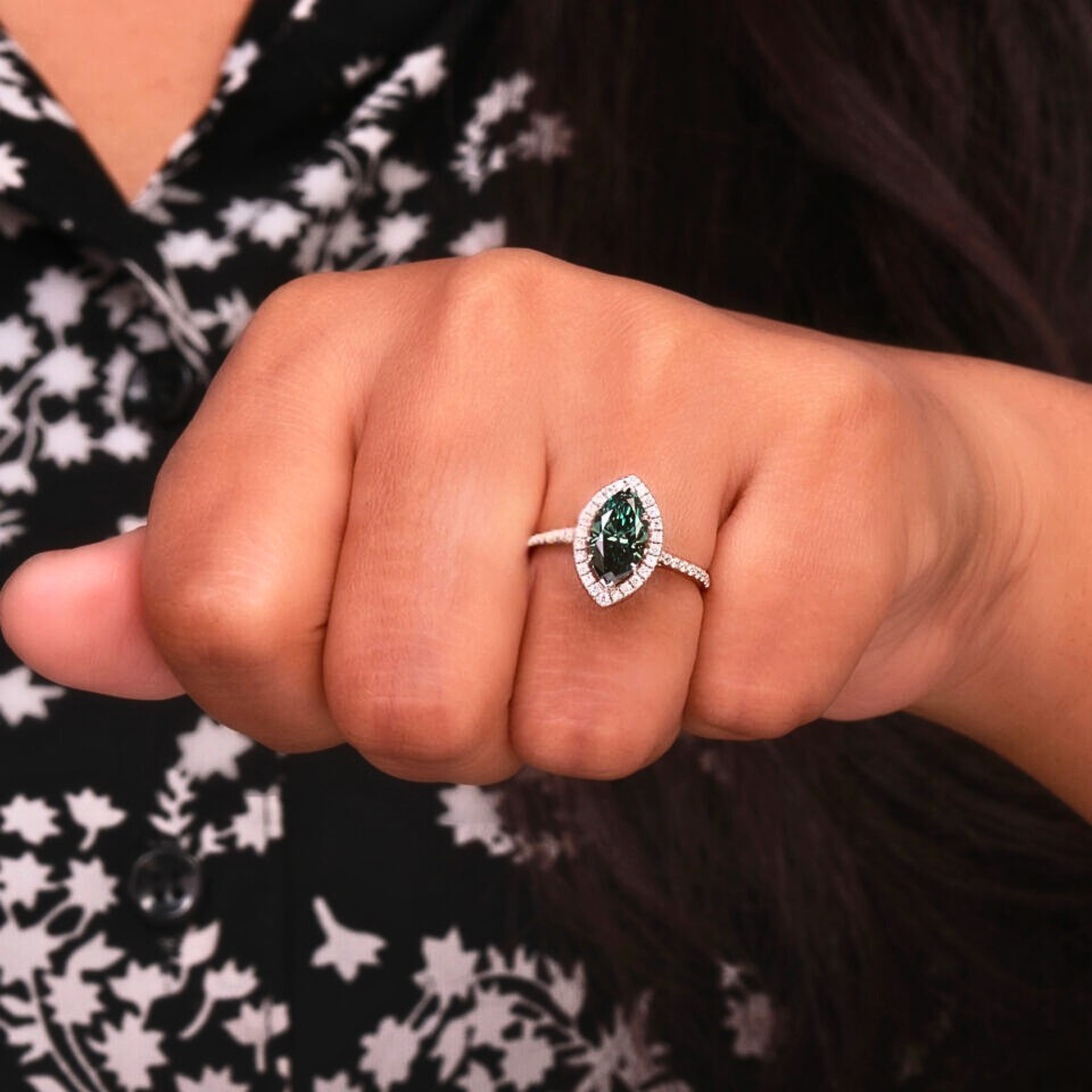 Marquise Cut Green Lab Grown Diamond Halo Engagement Ring