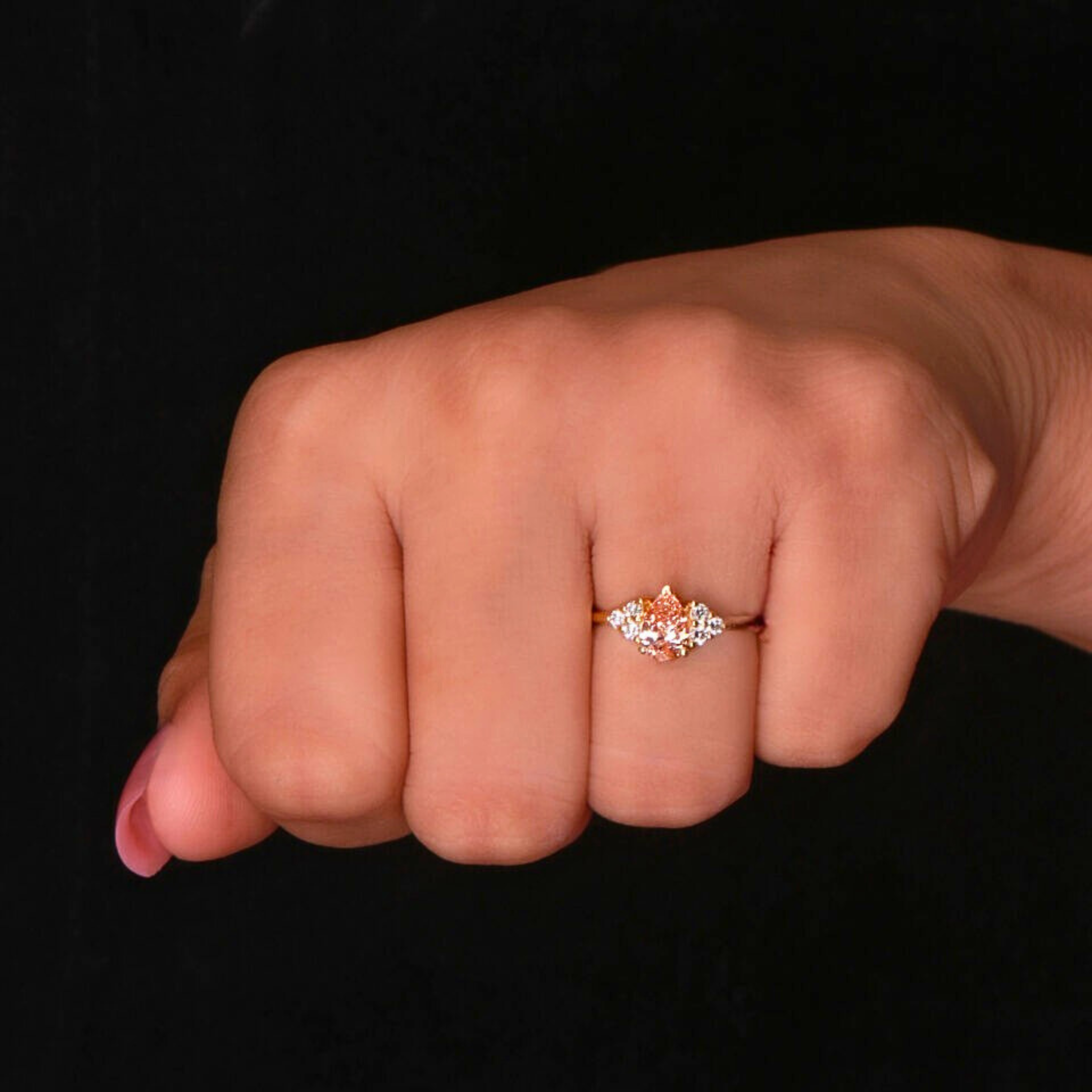 Orange Pear Cut Lab Grown Diamond Ring with Round Side Diamonds