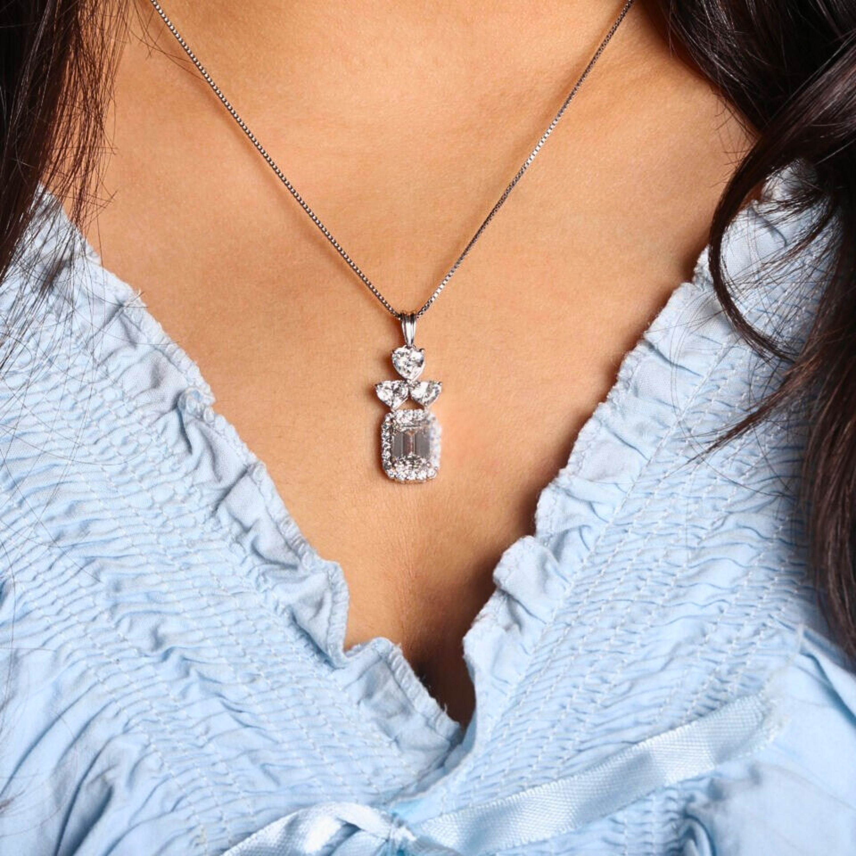 Emerald Cut Halo Lab Grown Diamond Pendant with Heart & Round Accents