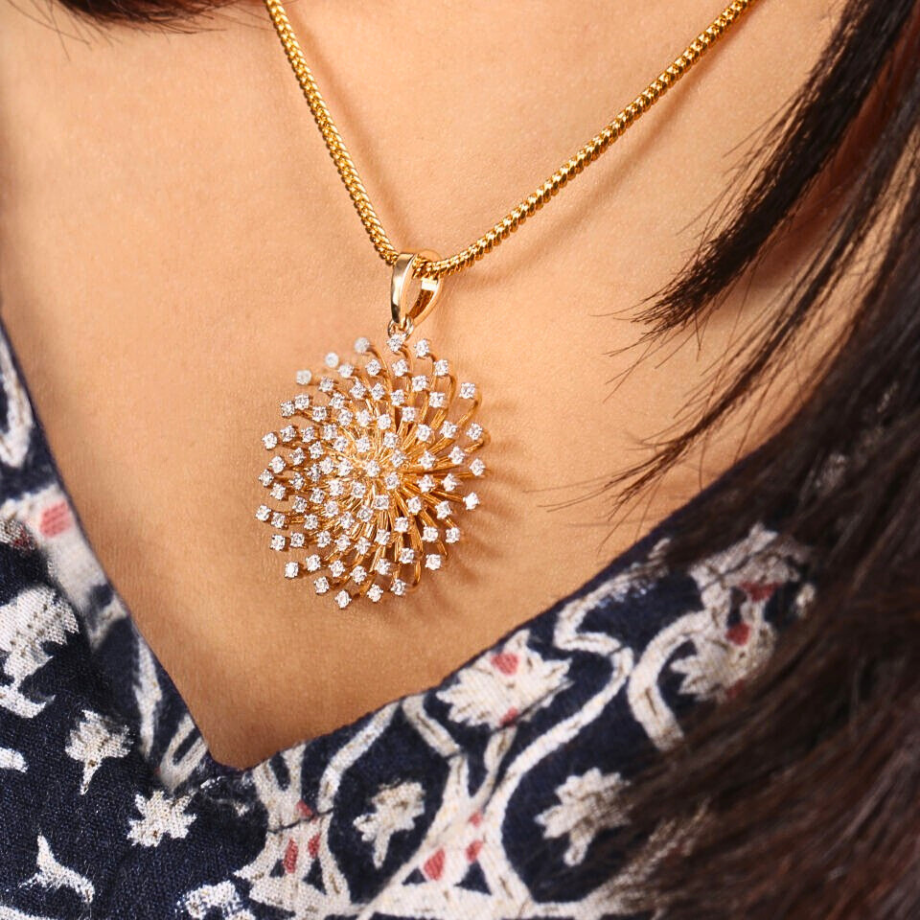 Round Cut Lab Grown Diamond Floral Swirl Pendant